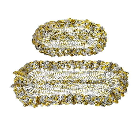 Handmade Crochet Table Runner Set Yellow & White Floral 34" & 23” Granny Core - Picture 3 of 9